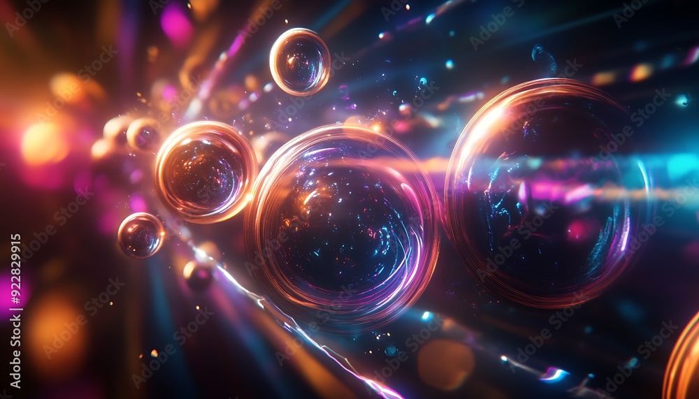 Poster Futuristic Representation of Music with Floating Glowing Spheres and Rings Pulsating with Sound Waves in 3D Space