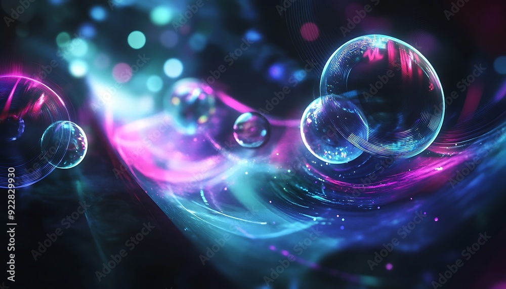 Aufkleber Futuristic Representation of Music with Floating Glowing Spheres and Rings Pulsating with Sound Waves in 3D Space