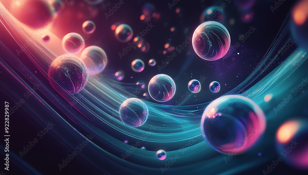 Poster Futuristic Representation of Music with Floating Glowing Spheres and Rings Pulsating with Sound Waves in 3D Space