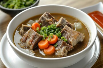 Sop Iga (Beef ribs soup) made from ribs, carrots, leeks. Served in white bowl. Indonesian food - generative ai