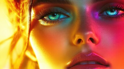 Close-up of a Woman's Eye with Colorful Lighting.