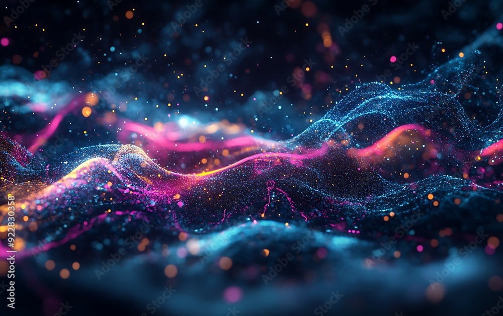 Poster futuristic visualization of music as glowing particles and sound waves in a dark digital space