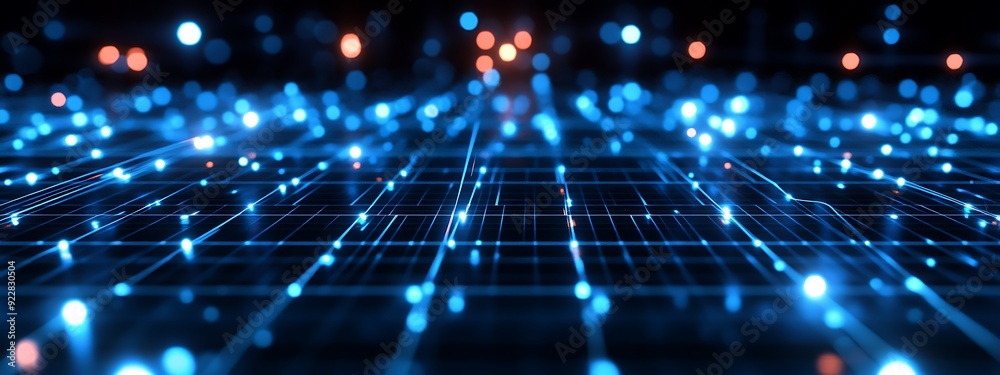 Leinwandbilder 3D Representation of Background Music as Pulsating Luminous Grids and Nodes in a Dark High-Tech Space