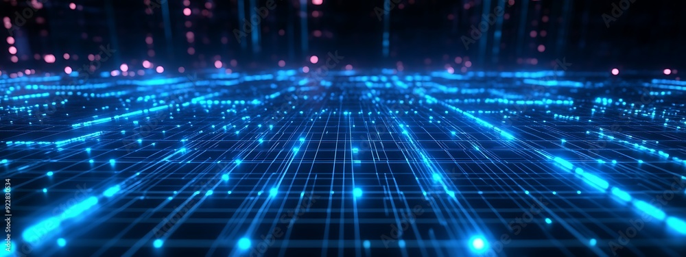 Poster 3D Representation of Background Music as Pulsating Luminous Grids and Nodes in a Dark High-Tech Space