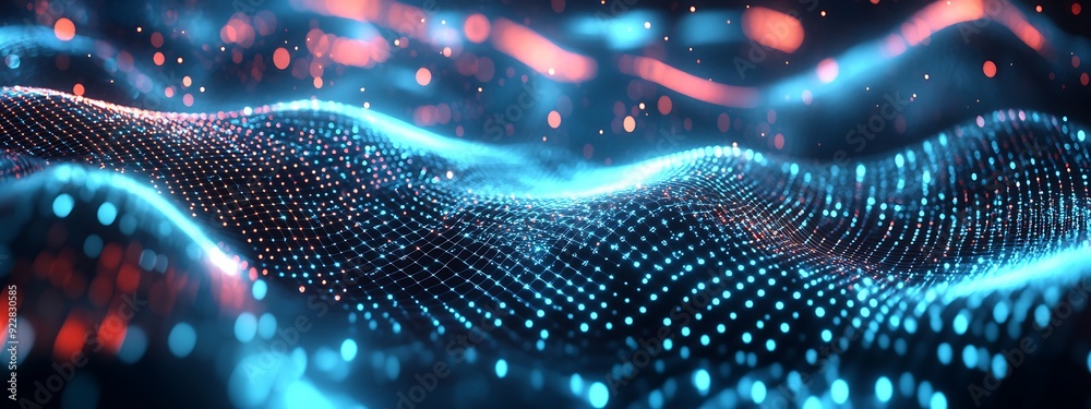 Poster 3D Representation of Background Music as Pulsating Luminous Grids and Nodes in a Dark High-Tech Space