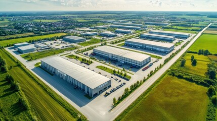 Aerial View of Industrial Park with Buildings and Green Fields.