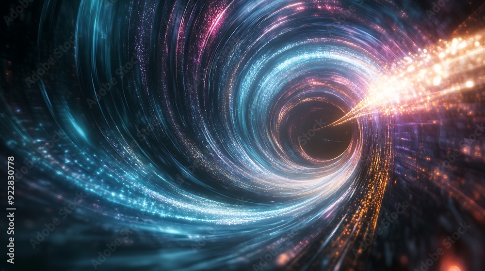 Poster swirling vortex of sound waves and light representing music flow in a 3d digital space