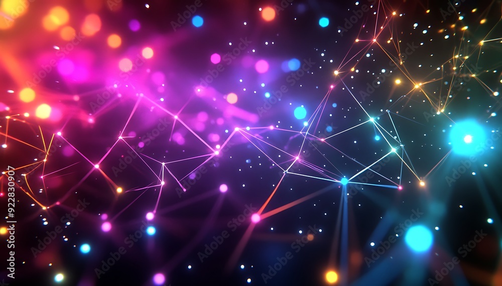 Aufkleber Futuristic Soundscape Visualized as a Web of Interconnected Light Strands and Nodes in a Dark Cosmic Space