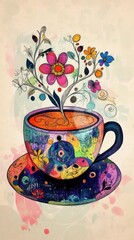 Whimsical Abstract Art: A Colorful, Playful Coffee Cup with Floral Swirls and Cappuccino Froth, Embellishing a Retro-Style Wall Art Poster