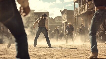 Two cowboys face off in a dusty street surrounded by observing townspeople under a dramatic sky.
