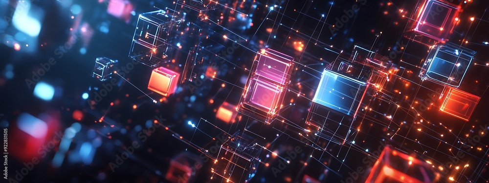 Poster 3D Sound Visualization of Music as Glowing Pulsing Cubes and Lines in a Futuristic Digital Space