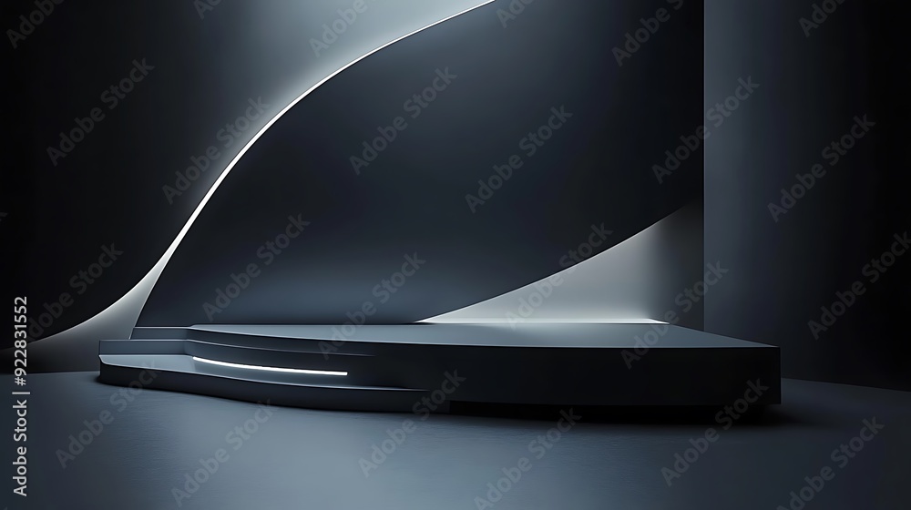 Poster sleek futuristic 3d podium with reflective surface floating in a dark ambient space