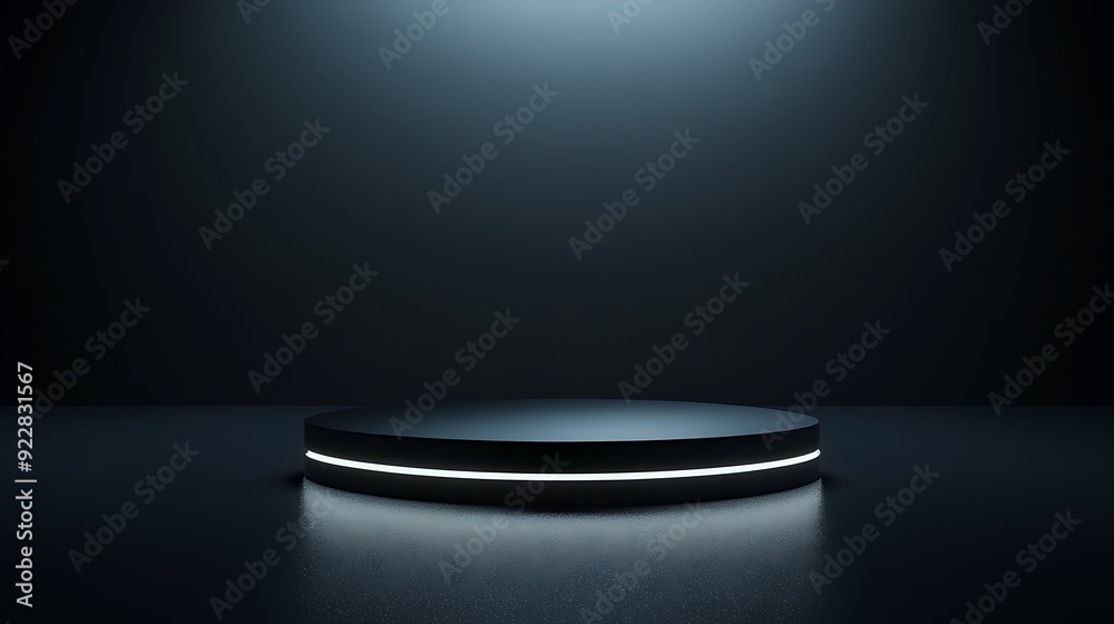 Poster Sleek Futuristic 3D Podium with Reflective Surface Floating in a Dark Ambient Space