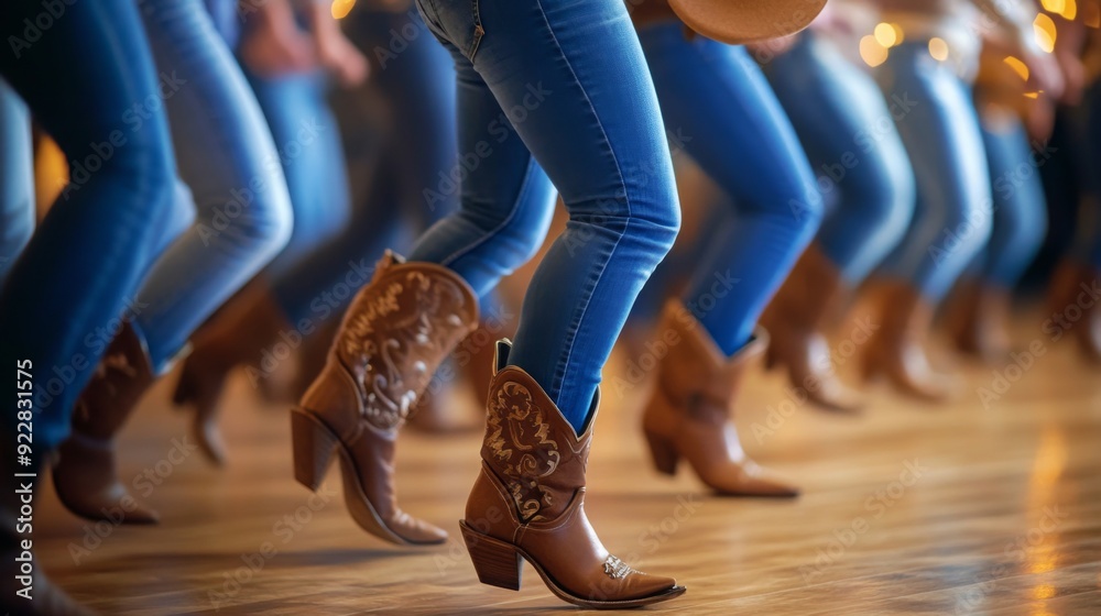 Poster dancers in brown cowboy boots perform a synchronized routine on the dance floor during a lively even