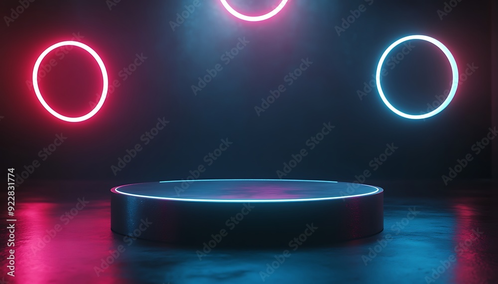 Poster 3D Podium with Circular Platform Surrounded by Glowing Rings of Light in a Dark Futuristic Space