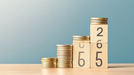 A stack of coins and a wooden block with the numbers 2, 5, and 6 on it
