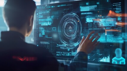 A man is looking at a computer screen with a blue circle on it