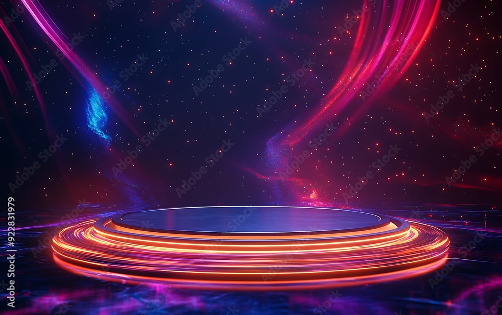 Poster futuristic 3d podium with floating platform supported by glowing energy beams in a dark cosmic space