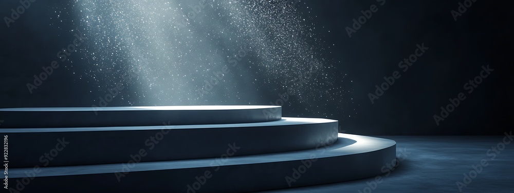 Poster Minimalistic 3D Podium with Sleek Curved Design in a Dark Ambient Space with Floating Particles