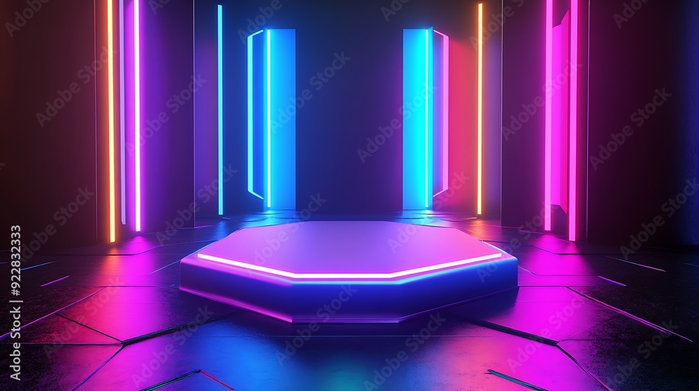 Poster 3D Podium with Hexagonal Platform Surrounded by Floating Illuminated Panels in a Dark Futuristic Space