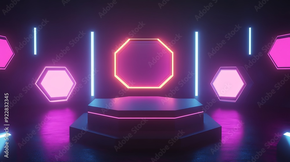 Leinwandbilder 3D Podium with Hexagonal Platform Surrounded by Floating Illuminated Panels in a Dark Futuristic Space