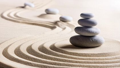Japanese ZEN garden with stacked stones in raked sand