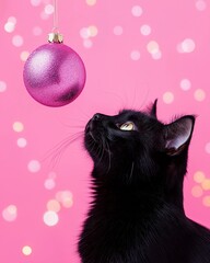 A curious black cat intently looks at a shimmering pink Christmas ornament against a soft pink background with bokeh lights. Christmas and New Year festive concept.