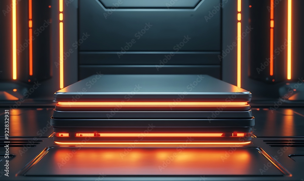 Poster Futuristic 3D Podium with Angular Overlapping Layers Emitting Soft Under-glow in a Dark High-Tech Space