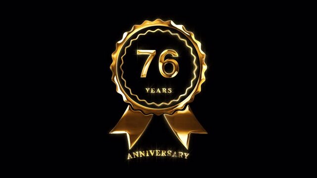 76th Anniversary Celebration. Happy 76 Years Anniversary Animation in Gold Color on the Transparent Background, Alpha Channel. Great for greetings, celebrations, events, and gifts.