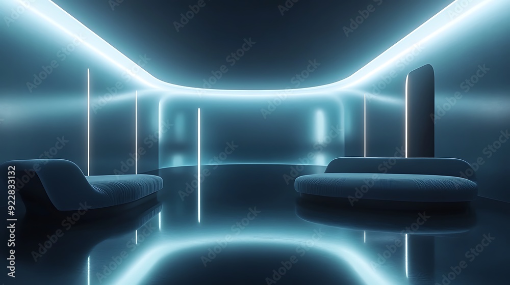 Poster sleek futuristic 3d room with floating furniture and glowing light strips in a dark ambient space