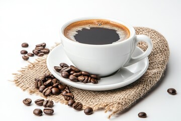 Fototapeta premium Morning Ritual: Freshly Brewed Coffee in a White Cup, Embracing the Comfort of a Daily Caffeine Fix.