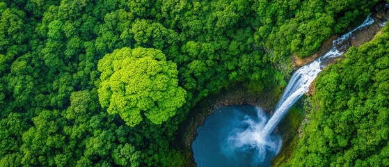 Aerial View Lush Waterfall Hidden In Rainforest