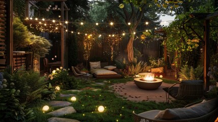 Fototapeta premium beautiful backyard decorated with lights and chairs