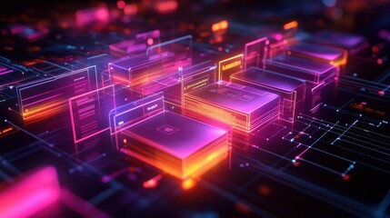 Neon Glowing Abstract Digital Data Network.