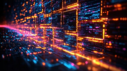 Obraz premium Abstract Digital Data Flow with Glowing Lines and Code.