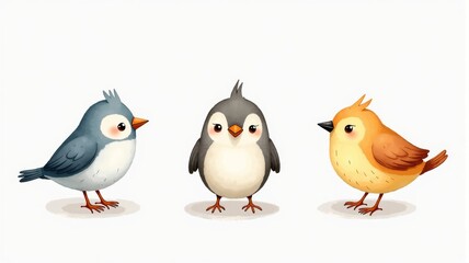 Fototapeta premium Cute Cartoon Birds Illustration for Kids - Adorable Blue, Grey, and Orange Birds on White Background