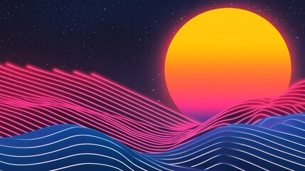 Bold 80s-inspired graphic with neon gridlines, a large glowing sun, and a cosmic background. Bright colors and retro vibes for a nostalgic feel