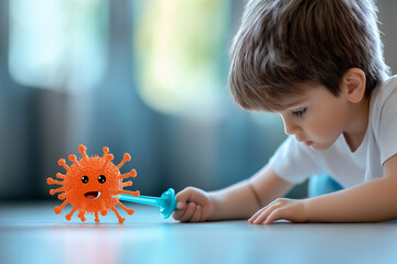 A young child fighting a large orange virus with a blue plastic sword in school. 