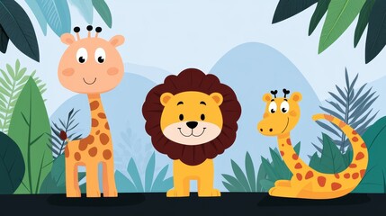 Naklejka premium Cartoon animals in a jungle with a playful lion, giggling giraffe, and sneaky snake, surrounded by tall trees and vibrant flora
