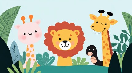 Cartoon animals in a jungle with a playful lion, giggling giraffe, and sneaky snake, surrounded by tall trees and vibrant flora