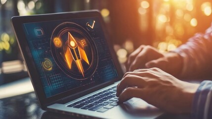 A person is typing on a laptop with a rocket on the screen