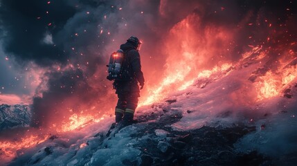 Obraz premium Firefighter Facing Blazing Inferno.