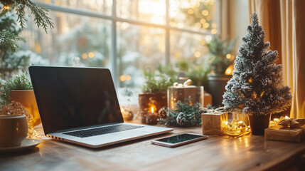 Cozy home office with laptop and christmas decorations by window