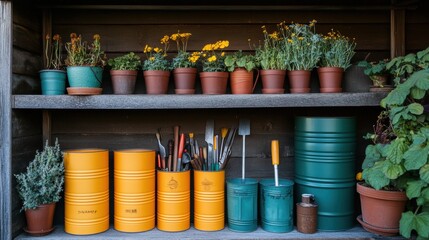 Fototapeta premium Garden Tools and Pots on Wooden Shelves.