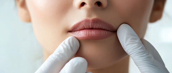 Close up of asian woman face receiving rejuvenation treatment. Doctor hand in glove lifting collagen in lip area
