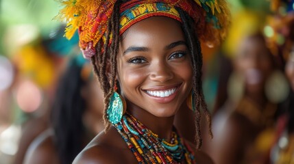 Fototapeta premium Happy African Woman in Traditional Headscarf and Jewelry.