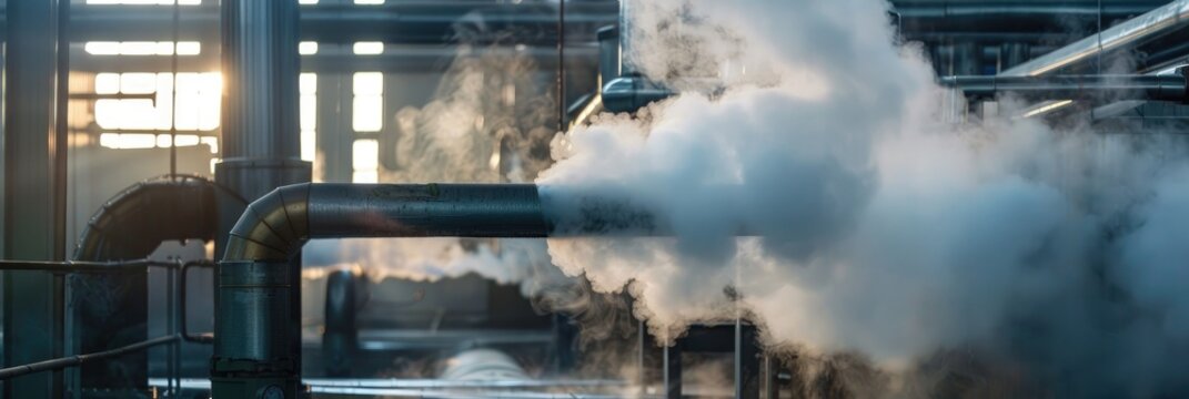 White Steam Rising from Boiler Flue Pipes in Heating System