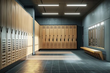 a modern locker room with wooden doors and lockers