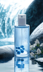 creative photo of one shampoo, blue lake light  " ai generator "