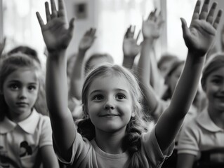 Fototapeta premium Young Child Raising Hand in Class